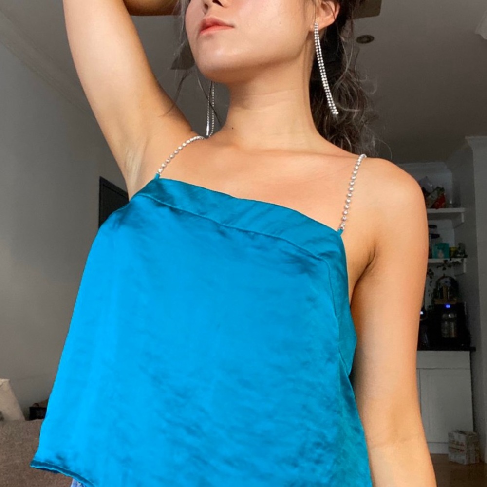 OCRAN BLUE SILK TOP WITH RHINESTONES STRAPS